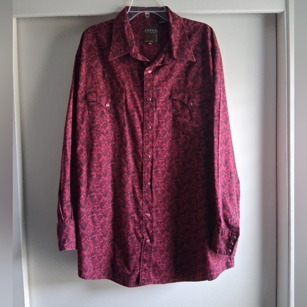 Vintage Roper XL Floral Pattern Pearl Snap Long Sleeve Collared Shirt Red Black